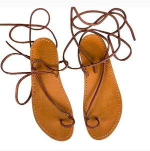 Doen 39.5 Strappy Bare Lace-Up Sandals Brown Tan